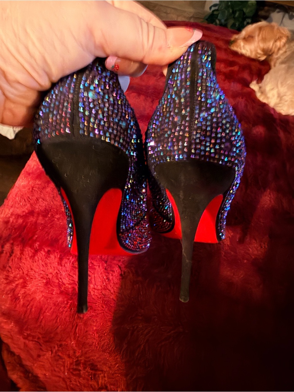 Jessica Simpson Red/Pink and Blue with Red Bottoms, Embellished Stiletto Heels - Picture 10 of 11
